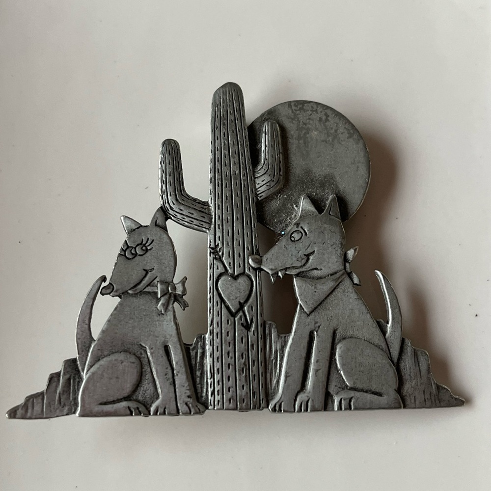 Vintage JJ Jonette Pin Pewter Southwest Coyotes in Love Cactus Brooch